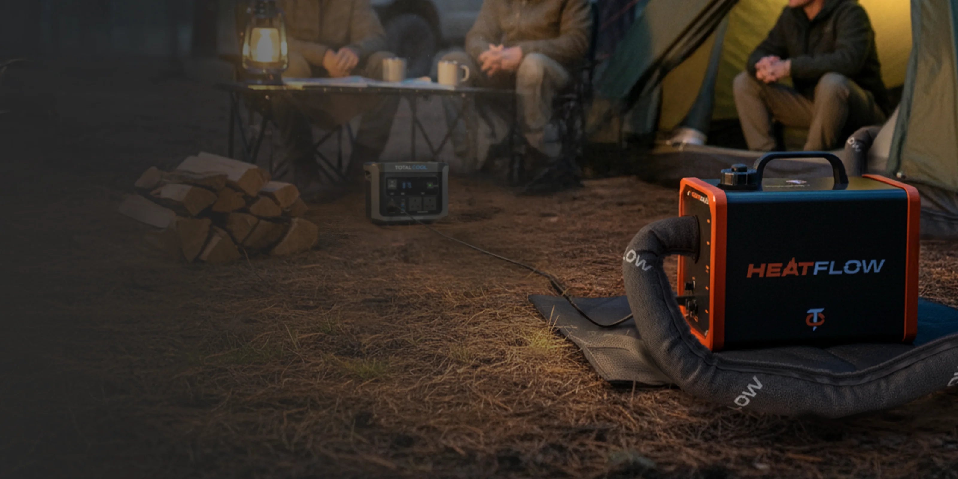 Camping scene with people around a campfire, Heatflow Diesel heater visible.