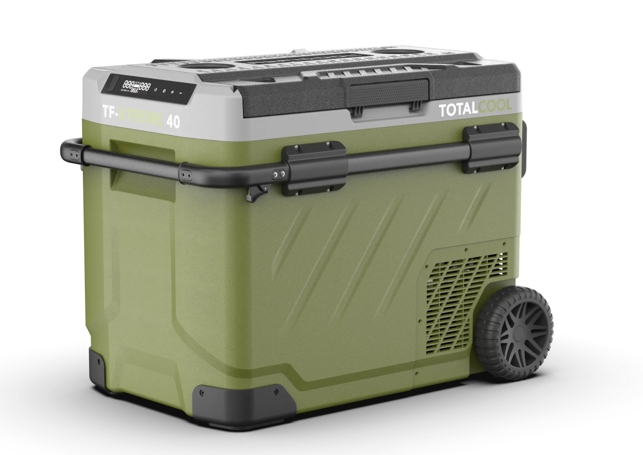 Green portable fridge box with wheels on a white background