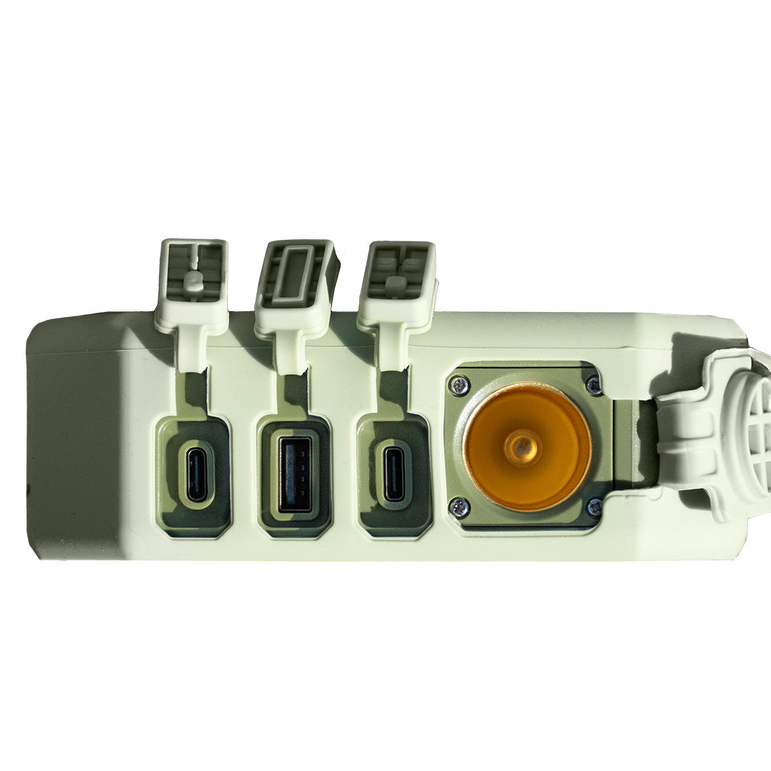Close-up of a electronic device with connectors on a white background
