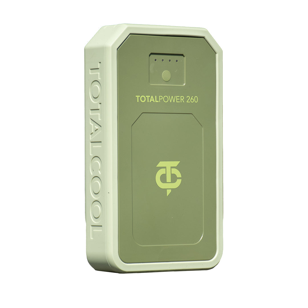 Green power bank with logo and text on a white background