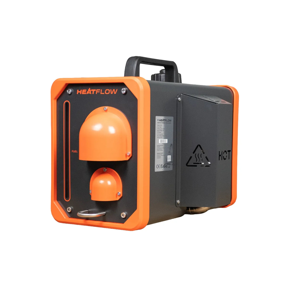 A Heatflow diesel heater unit with a black and orange color scheme, featuring a top handle, a vertical fuel gauge, and a side panel marked with a caution hot icon.