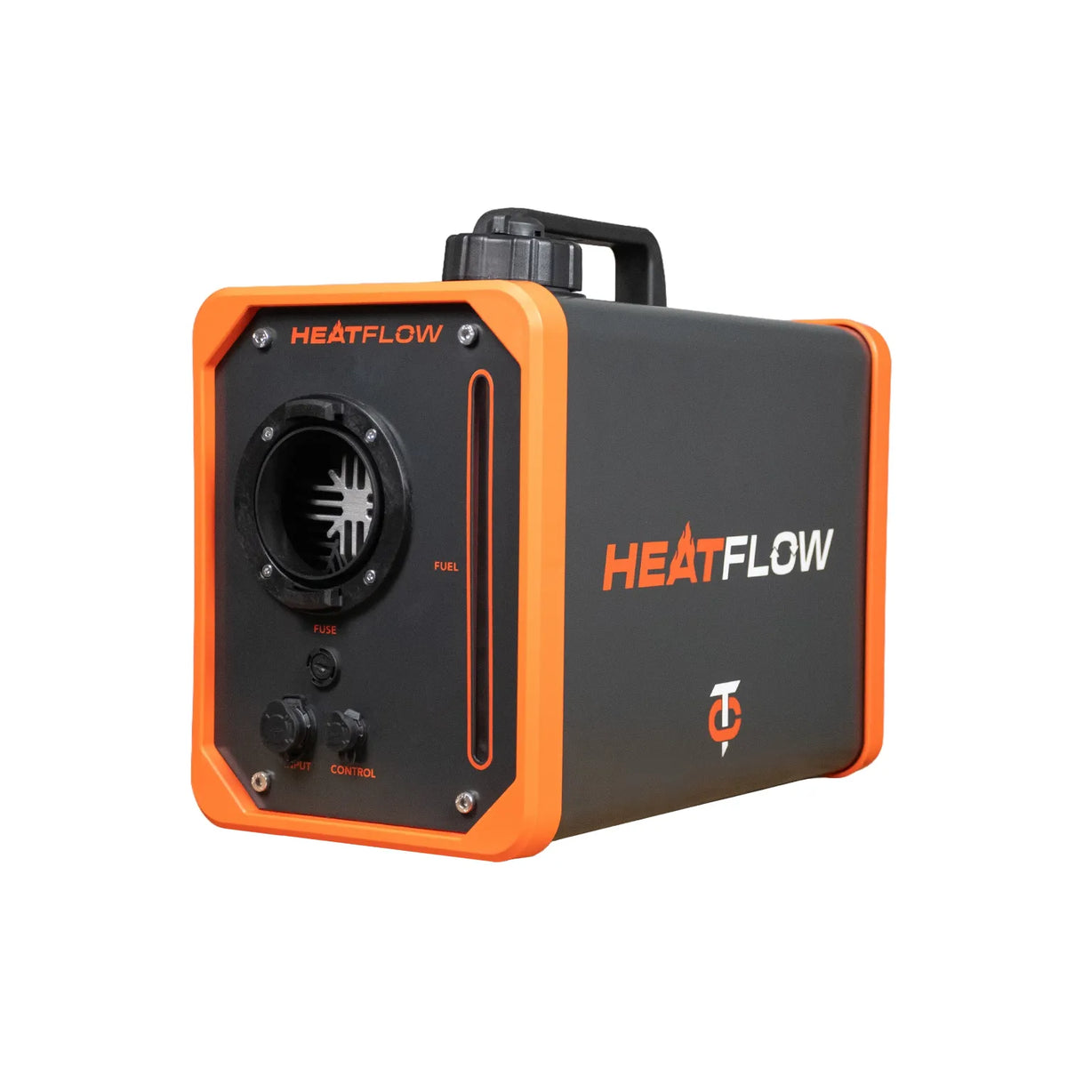 A Heatflow portable heating unit with a black body, bright orange protective corners, and a top handle, shown on a plain white background.