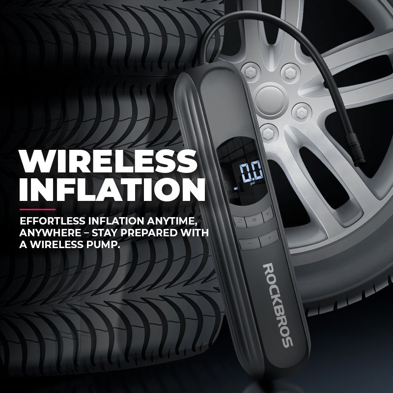 Image of the A10 wireless air inflator next to a car tyre, captioned with the text 'Wireless Inflation, Effortless Inflation Anytime ,Anywhere - stay prepared with a wireless pump.