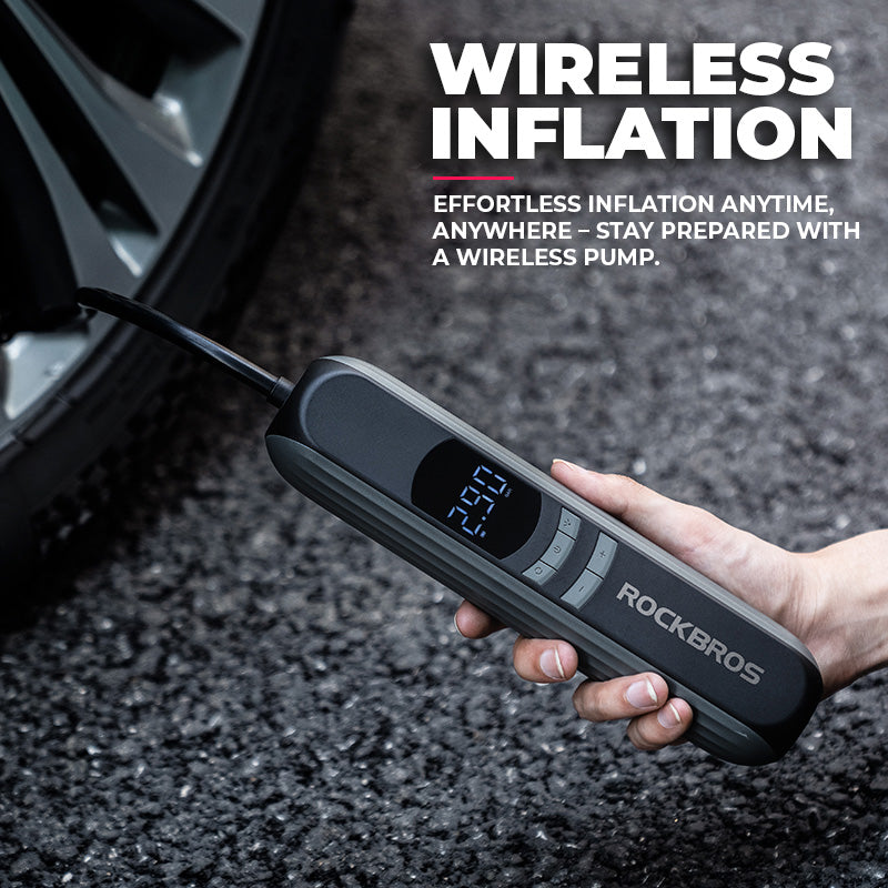 Image of the A10 air pump Wireless Inflating a car tyre and captioned with the text "Wireless Inflation, effortless inflation anytime, anywhere - stay prepared with a wireless pump'