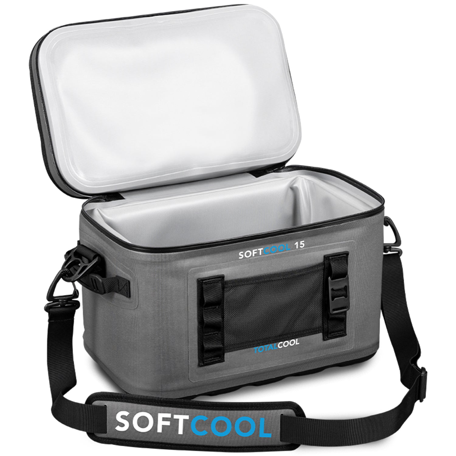 Image of the grey Softcool 15 coolbox with an open lid