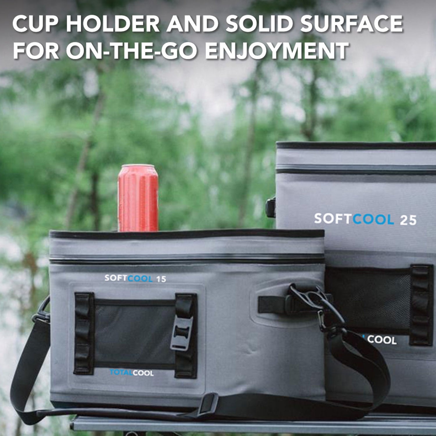 Lifestyle image of the grey softcool 25 and 15 next to each other and the caption "Cup holder and solid surface for on-the-go enjoyment