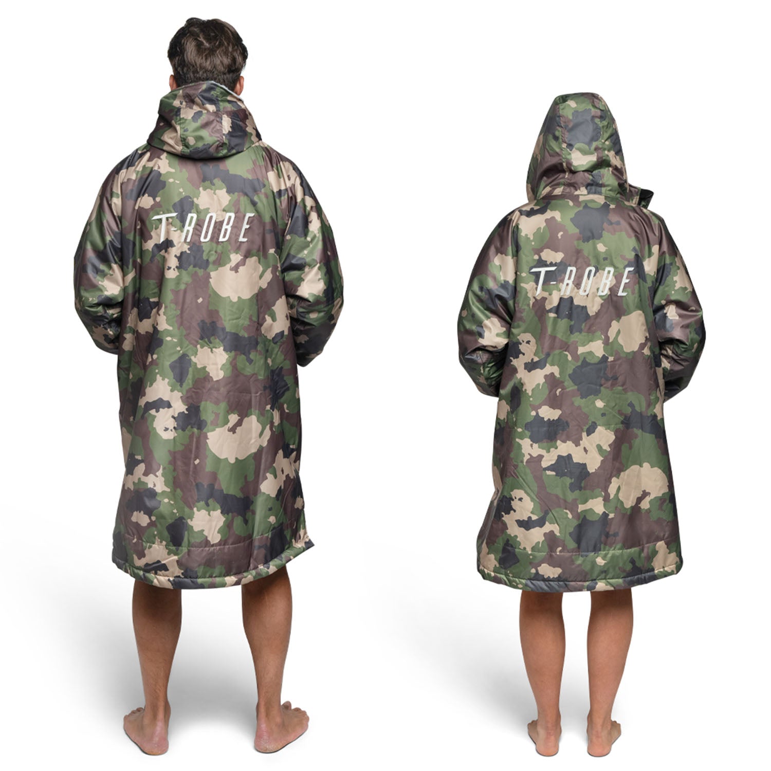 Image of a man and woman wearing the grey / camo T-Robe