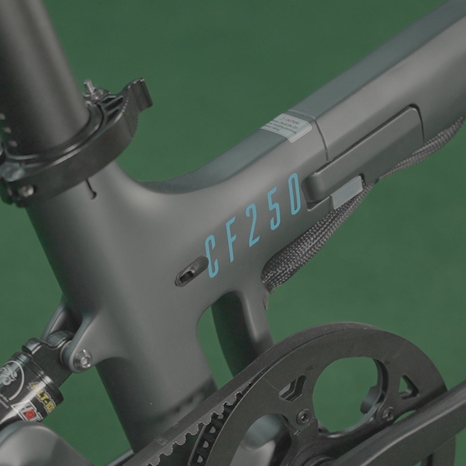 Close up image of the CF250 Logo on the frame of the CF250 Folding E-Bike