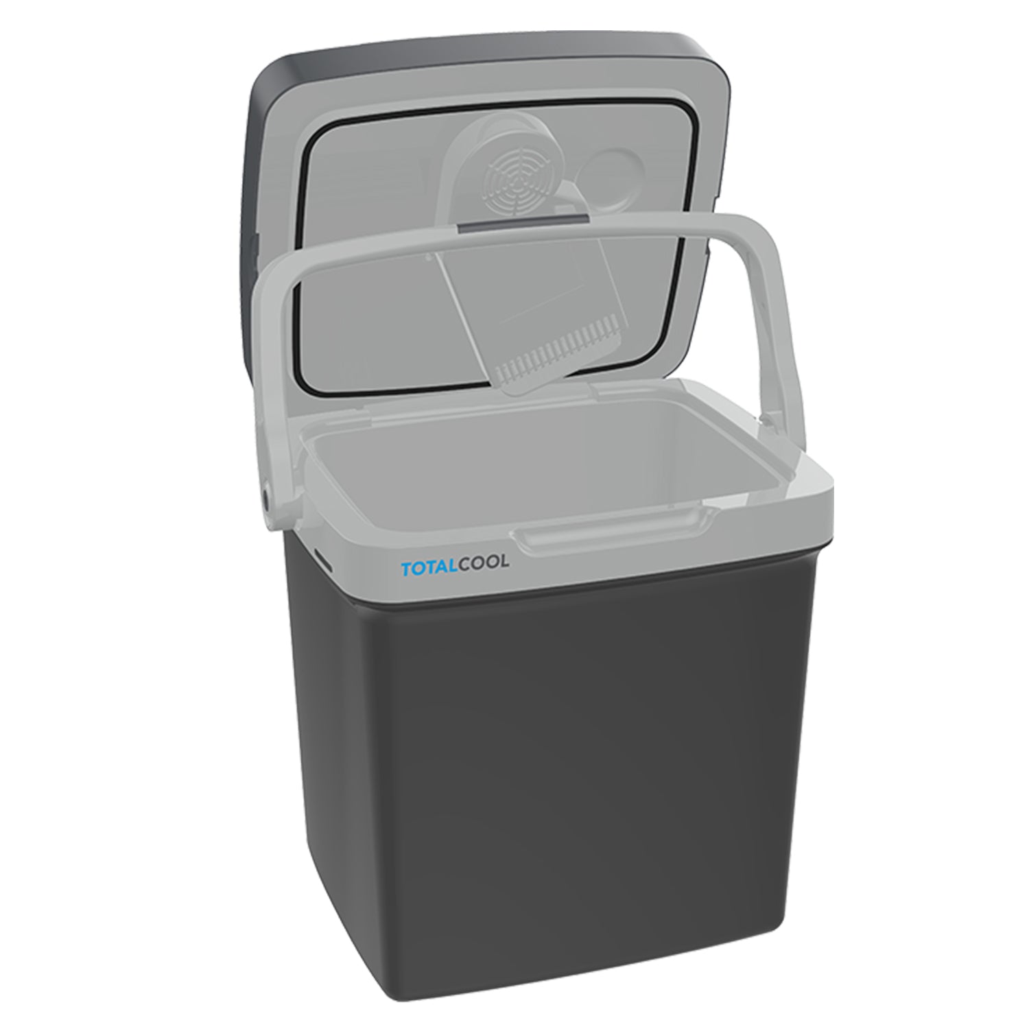 Image of the Eco-chill 24 grey coolbox with the lid open and being held in place by the handle