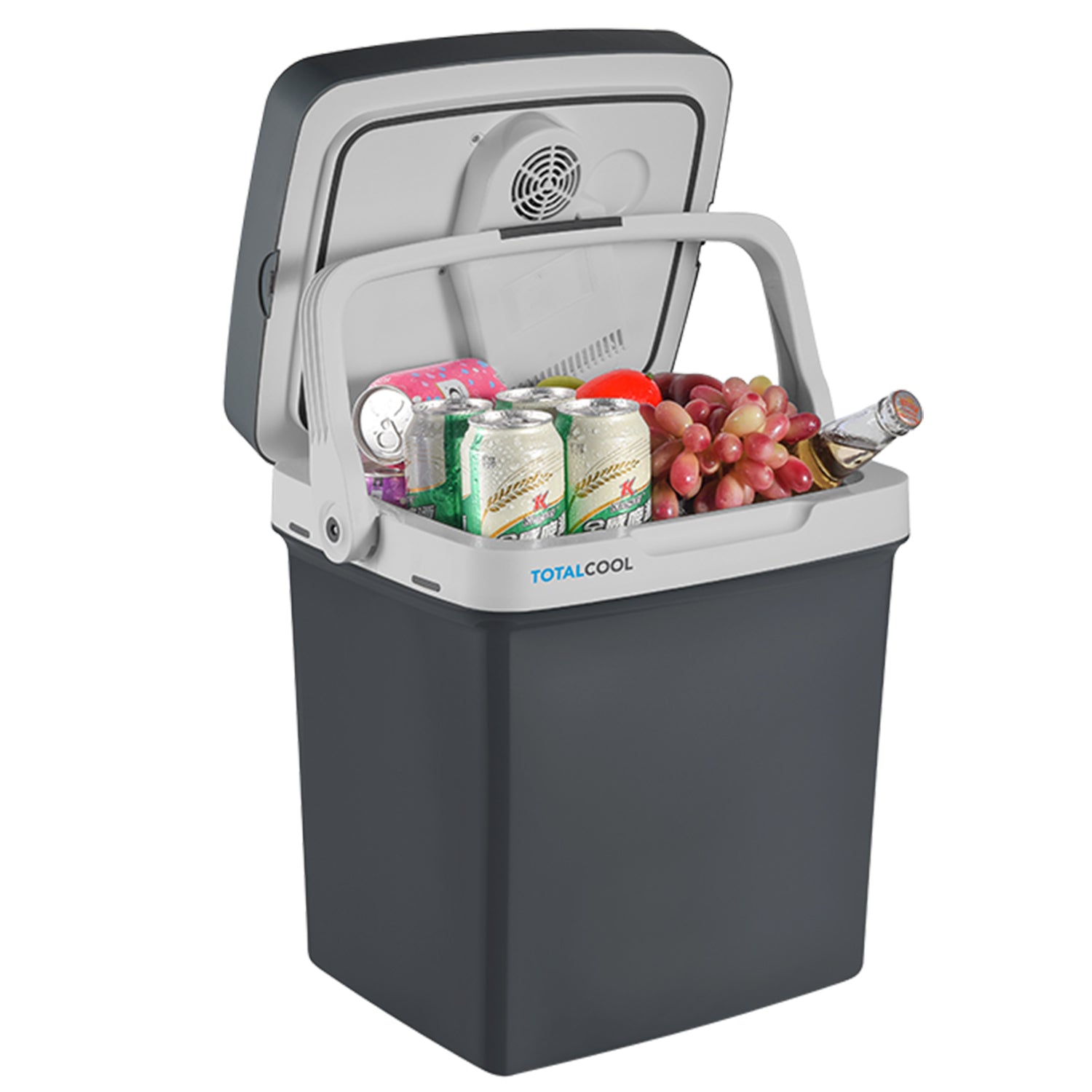 Image of the Eco-chill 24 grey coolbox with the lid open being held by the handle and cold products inside