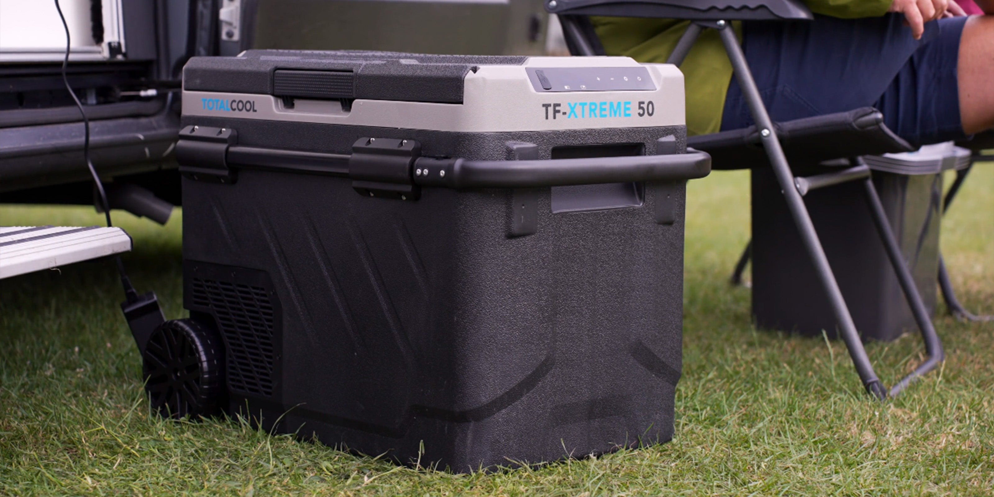 Image of the TF XTREME 50 fridge freezer outside of a campervan