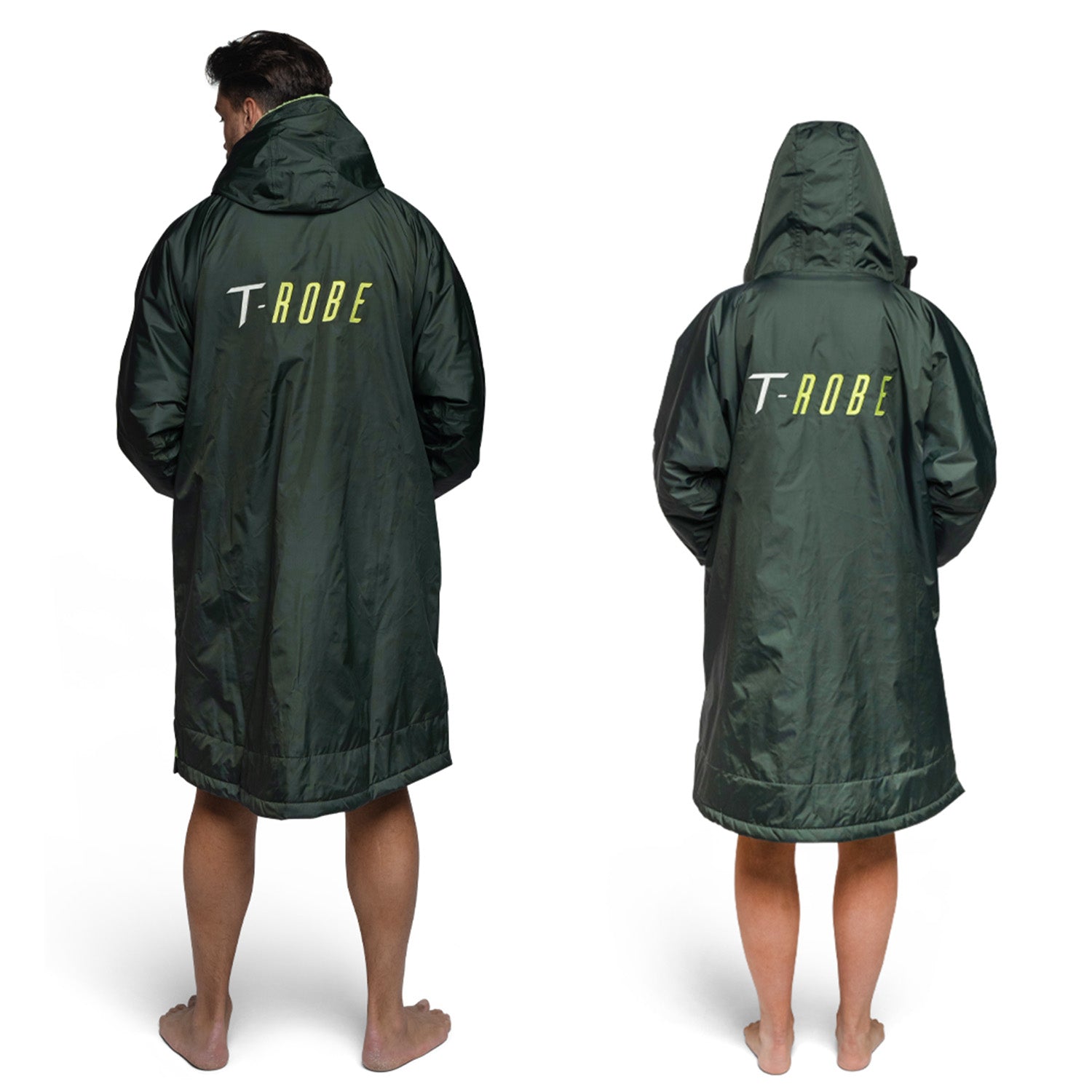 rear view image of a man and woman wearing the Deep green / Lime green T-Robe