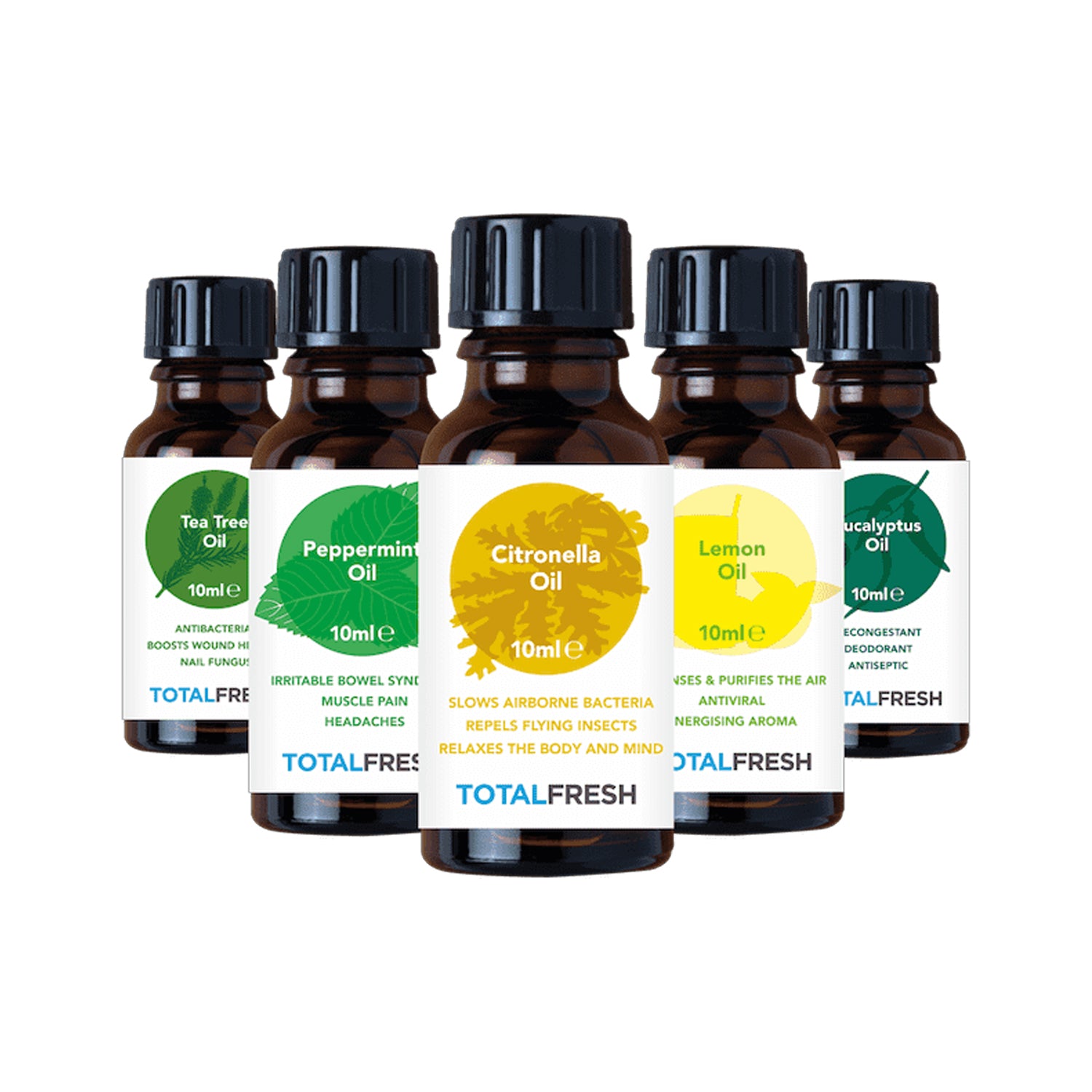 Image of the essential oil bottles included in the essential oils pack, from left to right: Tea Tree Oil, Peppermint Oil, Citronella Oil, Lemon Oil and Eucalyptus Oil