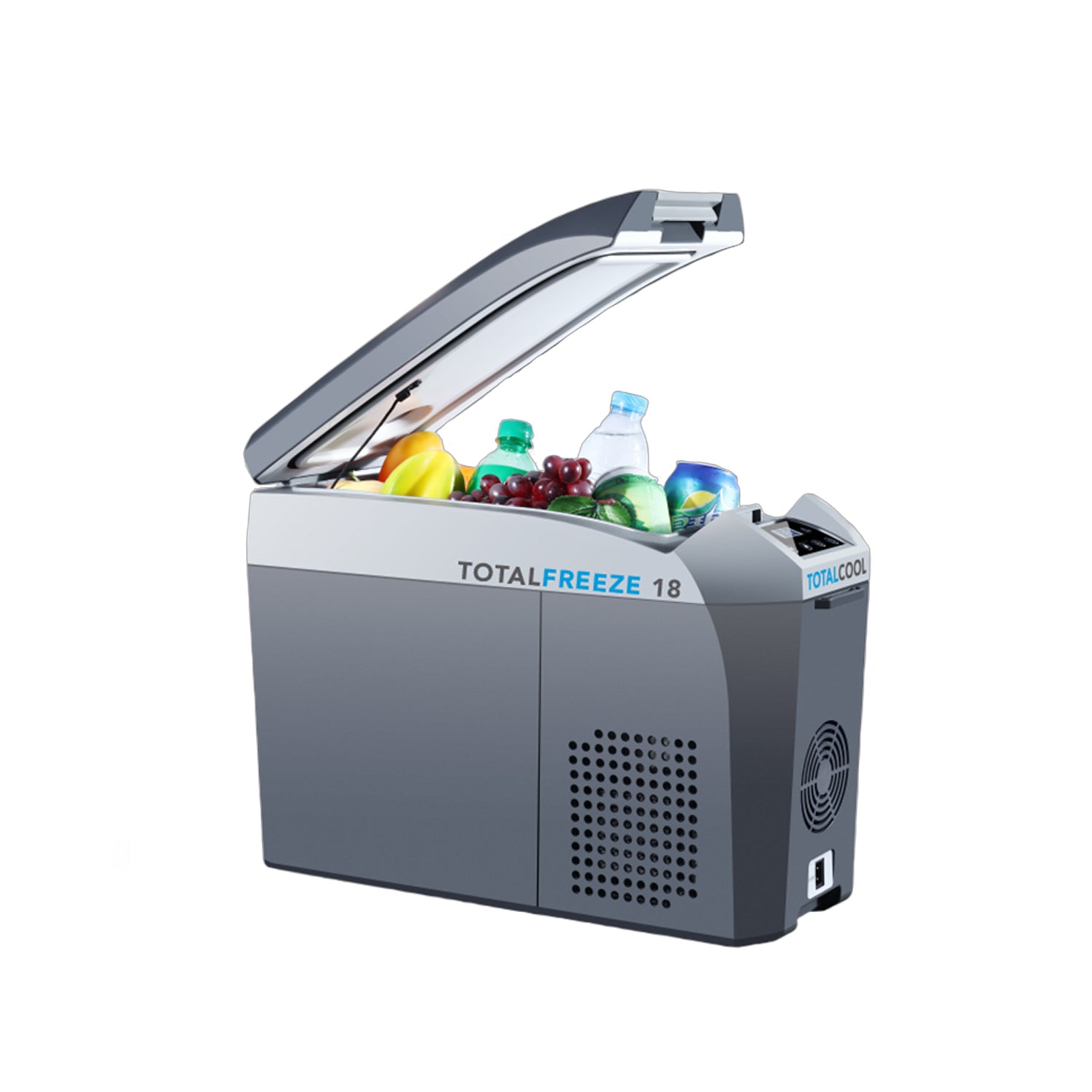 Image of the TF18 portable fridge freezer with products inside of it 